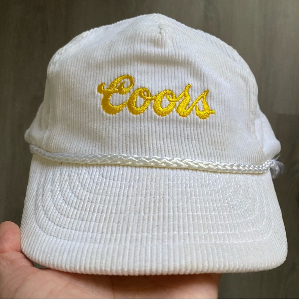 Vintage White Corduroy Script Gold COORS Beer Snapback Hat Adjustable 80s